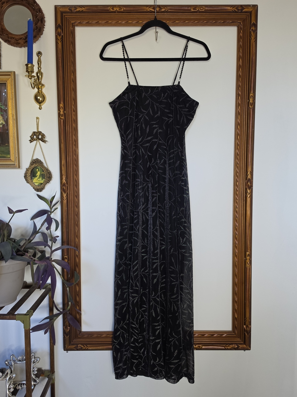 Vintage y2k Black Maxi Dress Silver Leaf-Print Spaghetti Strap